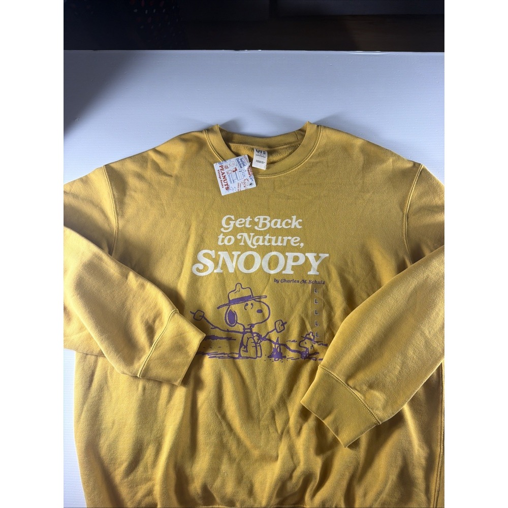 Uniqlo UT Peanuts Sweatshirt Large Mustard Yellow Snoopy Get Back To Nature NWT